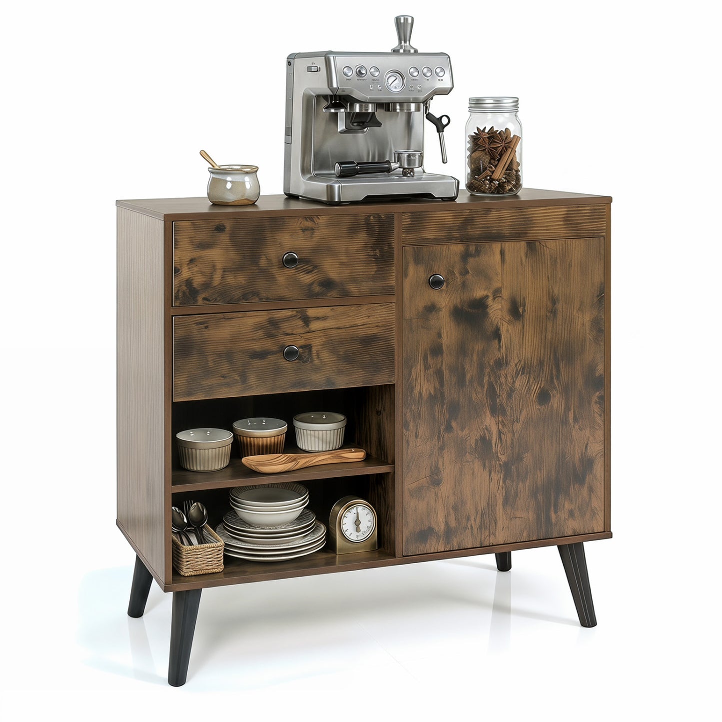Natural wood 31-inch sideboard cabinet with 2 open compartments and 2 drawers, ideal for kitchen and dining storage.