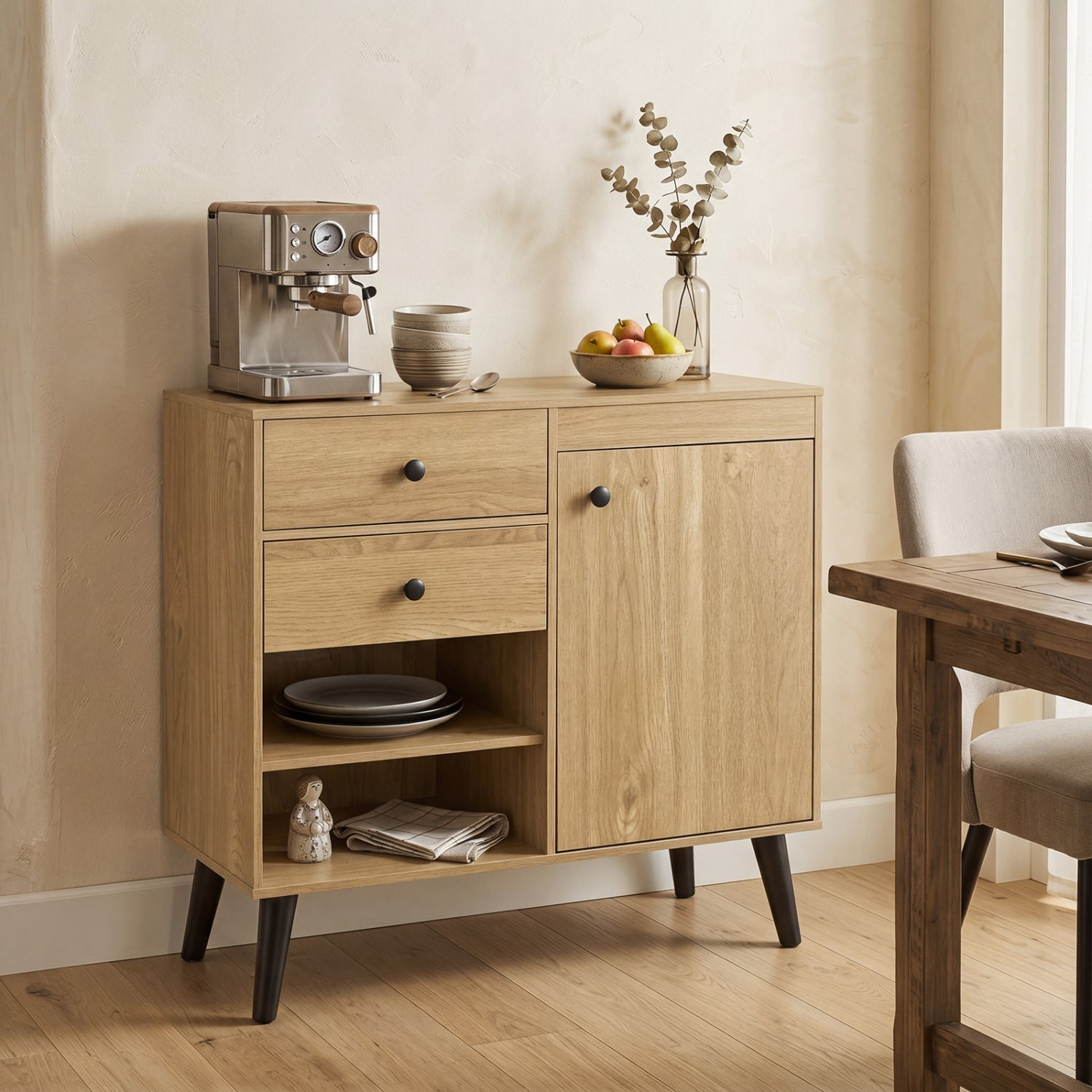 Natural wood 31-inch sideboard cabinet with two open compartments and two drawers, ideal for kitchen and dining storage.