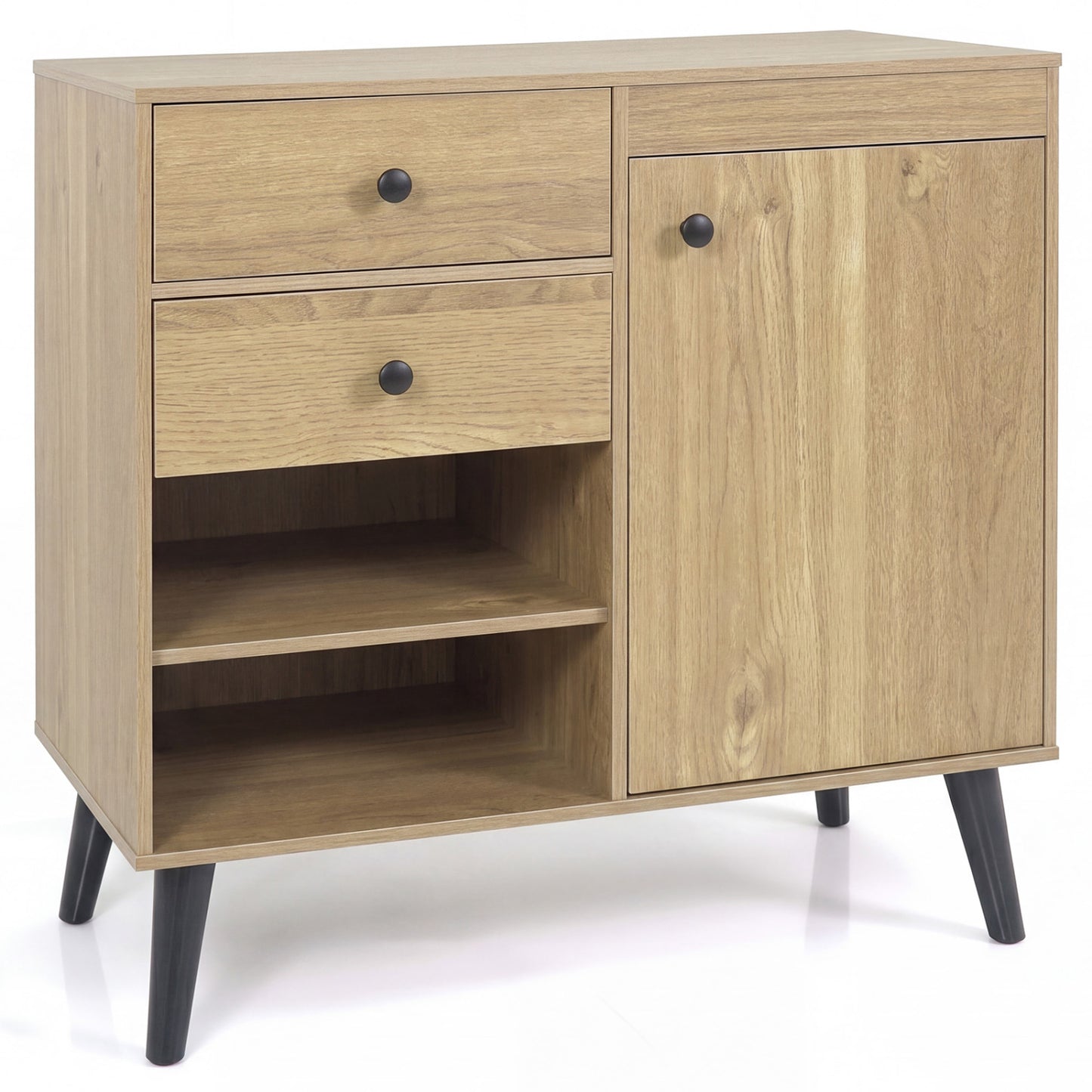 Natural wood 31-inch sideboard cabinet with two open compartments and two drawers, ideal for kitchen and dining storage.