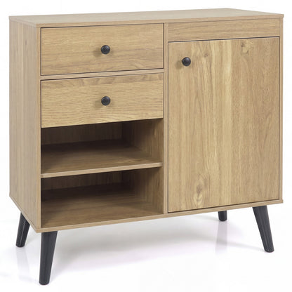 Natural wood 31-inch sideboard cabinet with two open compartments and two drawers, ideal for kitchen and dining storage.