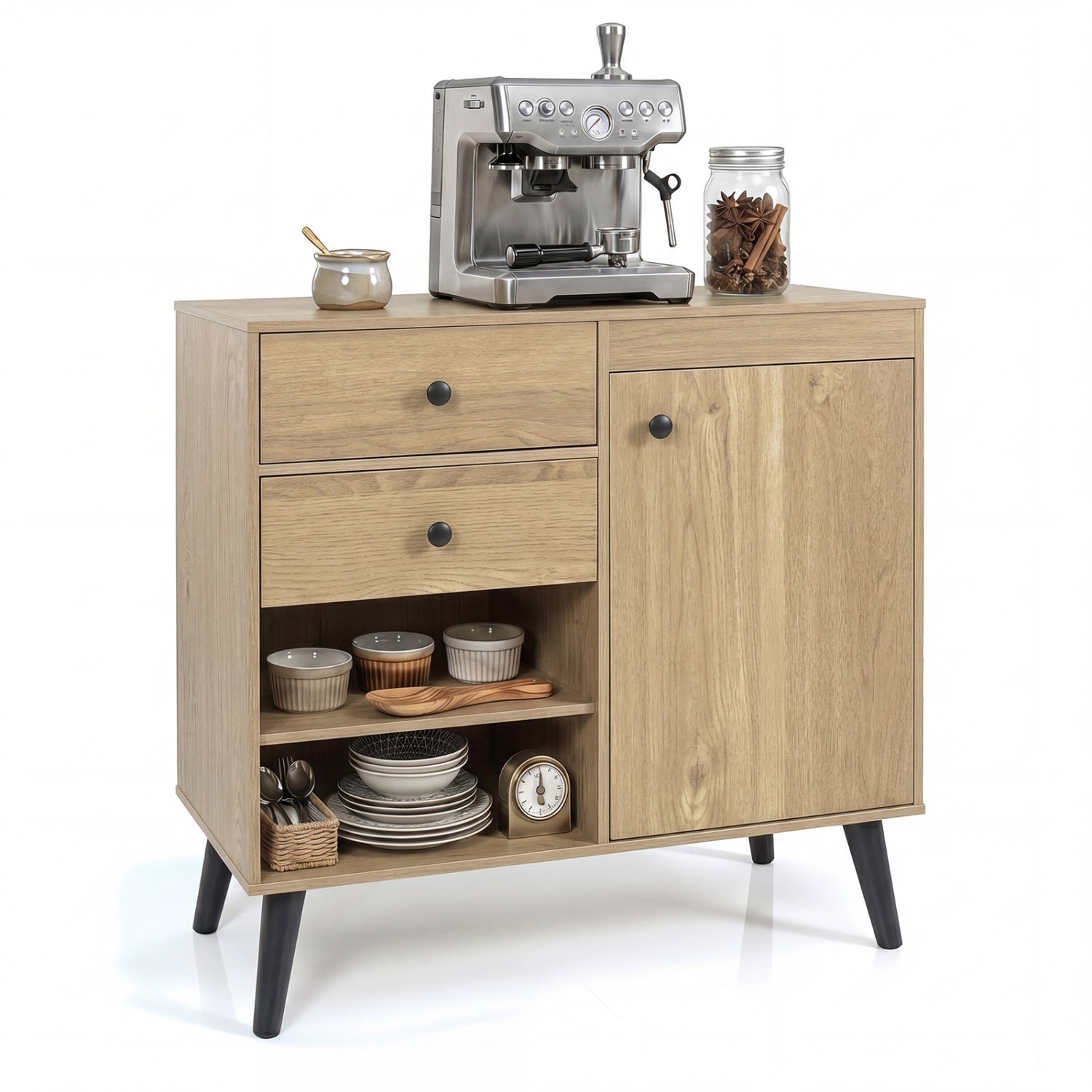 Natural wood 31-inch sideboard cabinet with 2 open compartments and 2 drawers, ideal for kitchen and dining storage.