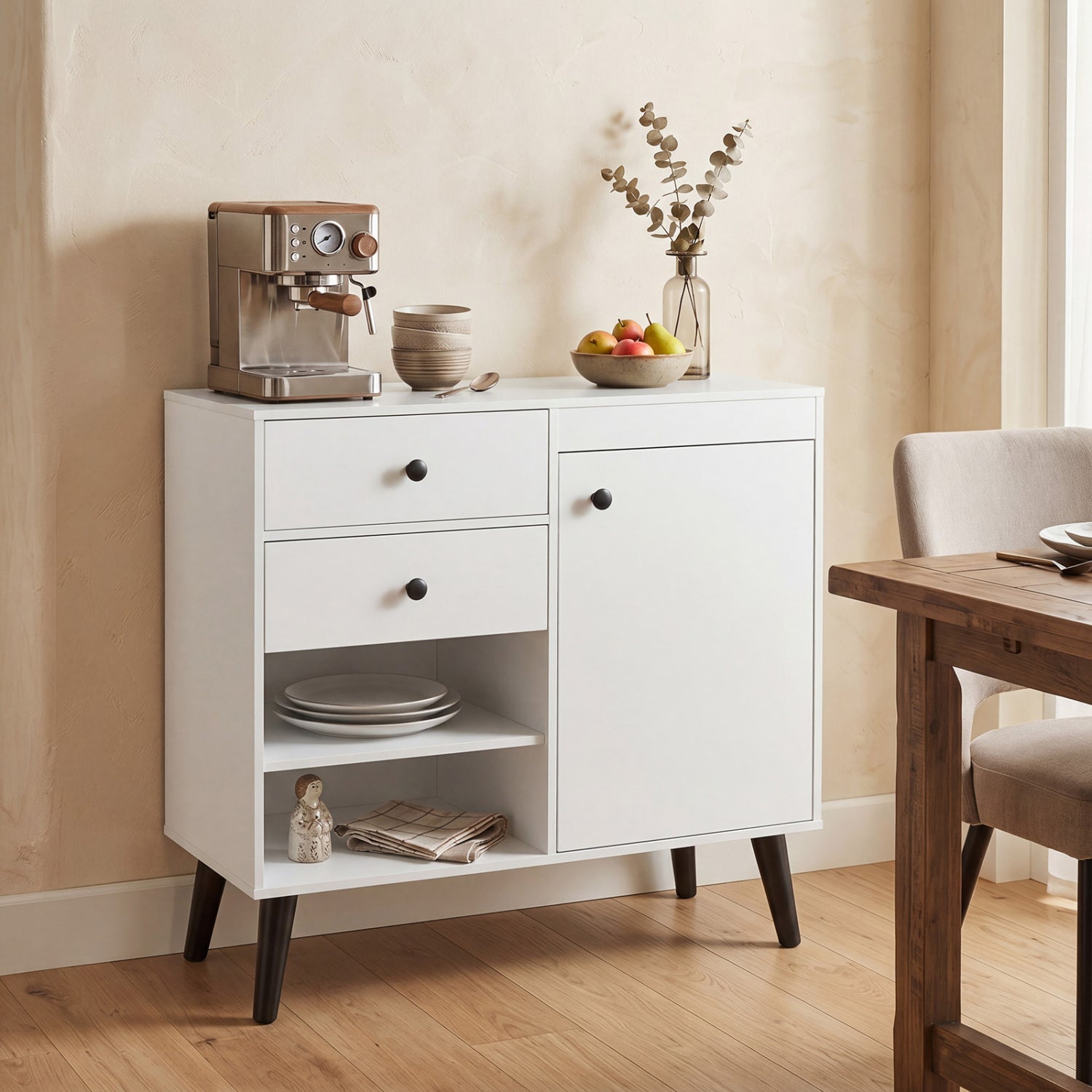 Natural wood 31-inch sideboard cabinet with two open compartments and two drawers, ideal for kitchen and dining storage.