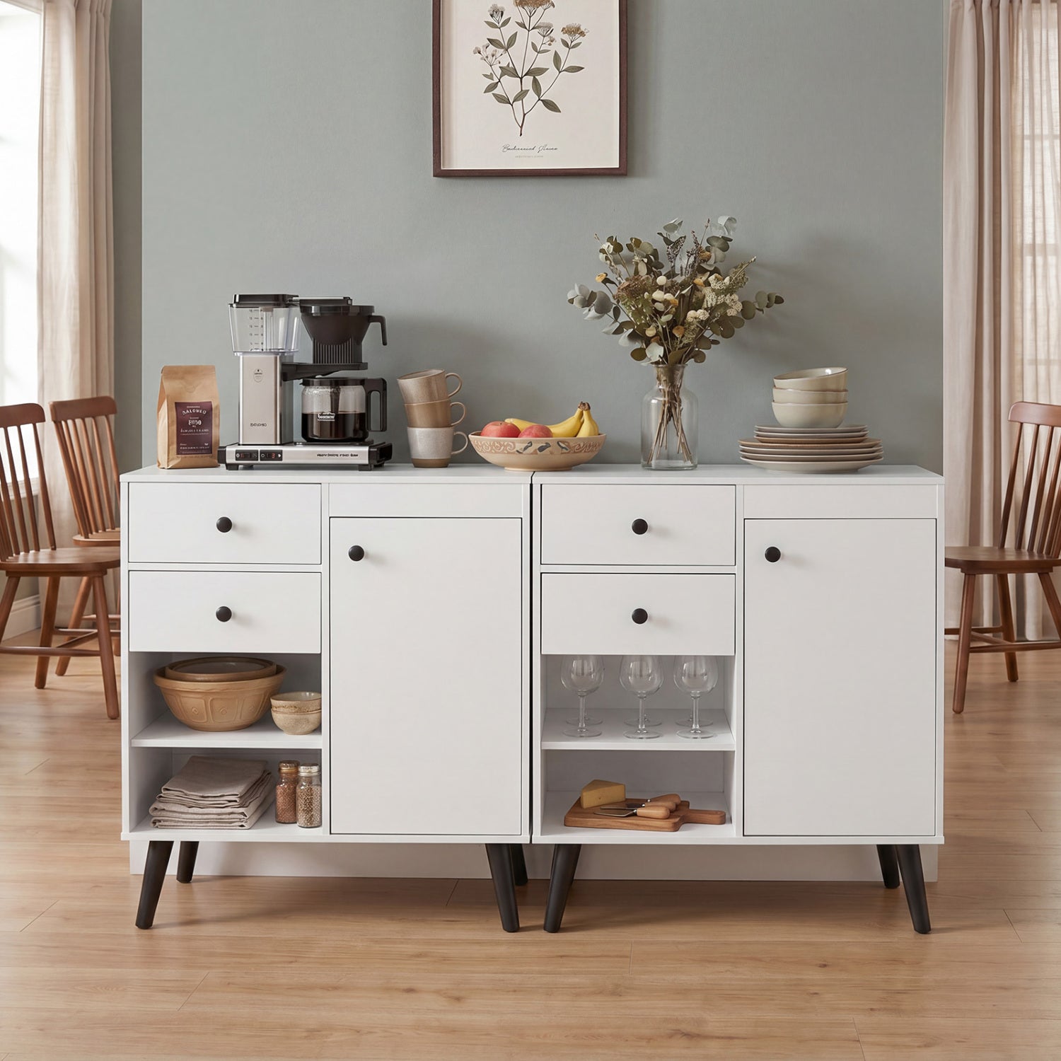 Natural wood 31-inch sideboard cabinet with 2 open compartments and 2 drawers, ideal for kitchen and dining storage.