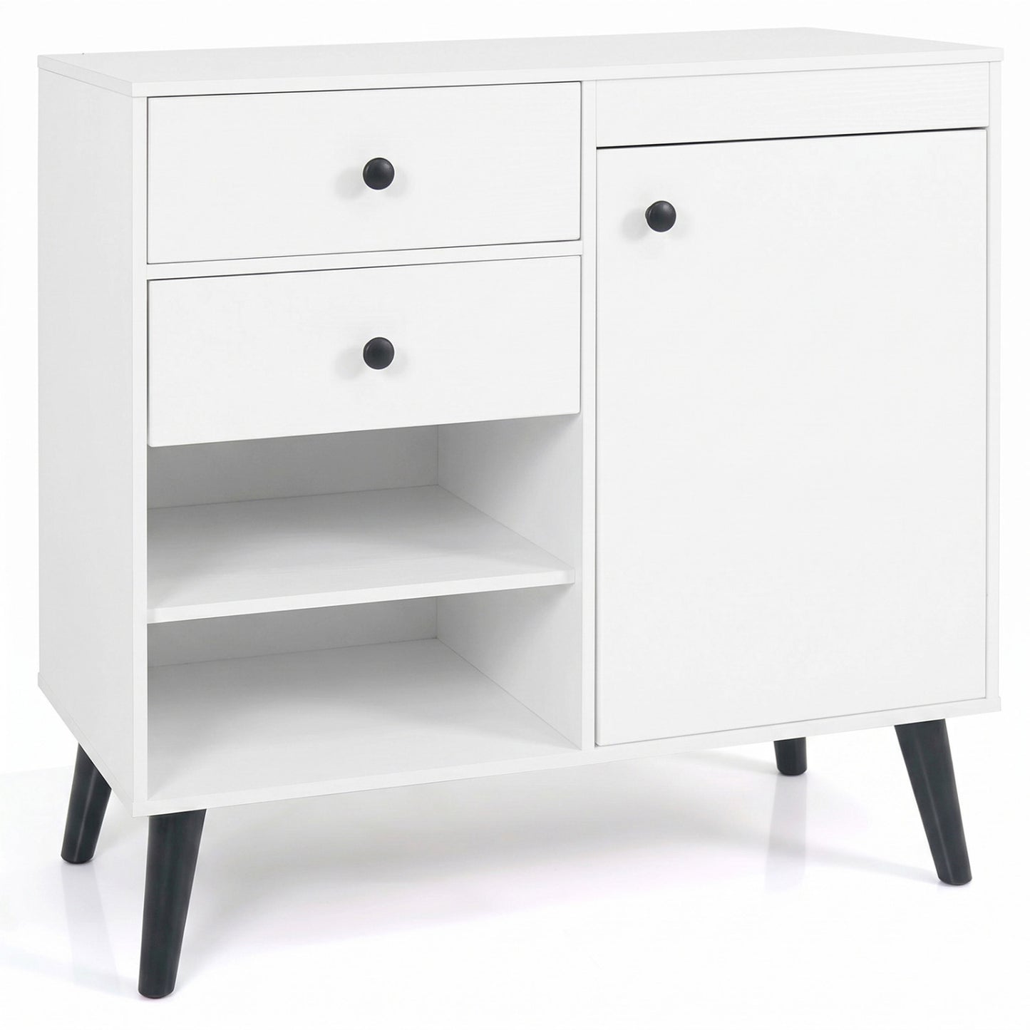 Natural wood 31-inch sideboard cabinet with two open compartments and two drawers, ideal for kitchen and dining storage.