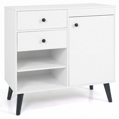Natural wood 31-inch sideboard cabinet with two open compartments and two drawers, ideal for kitchen and dining storage.