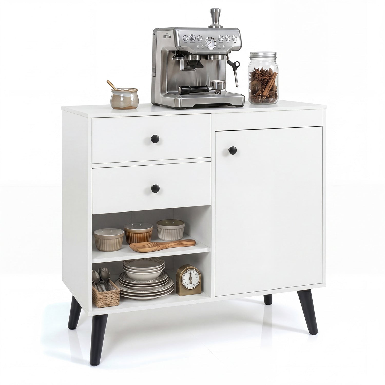 Natural wood 31-inch sideboard cabinet with 2 open compartments and 2 drawers, ideal for kitchen and dining storage.