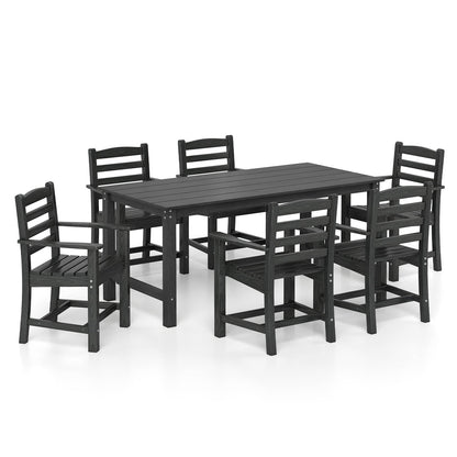 7 Pieces Outdoor Dining Table Set for 6 People 67” HDPE Patio Rectangle Table and 6 Armchairs-Black