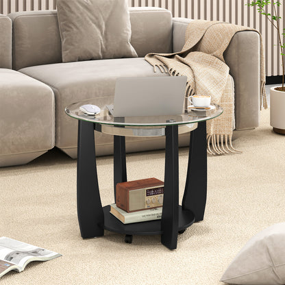 32" 2-Tier Glass Round Coffee Table with Storage Shelf-Black