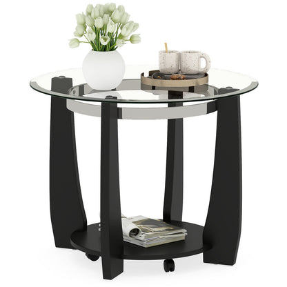 32" 2-Tier Glass Round Coffee Table with Storage Shelf-Black