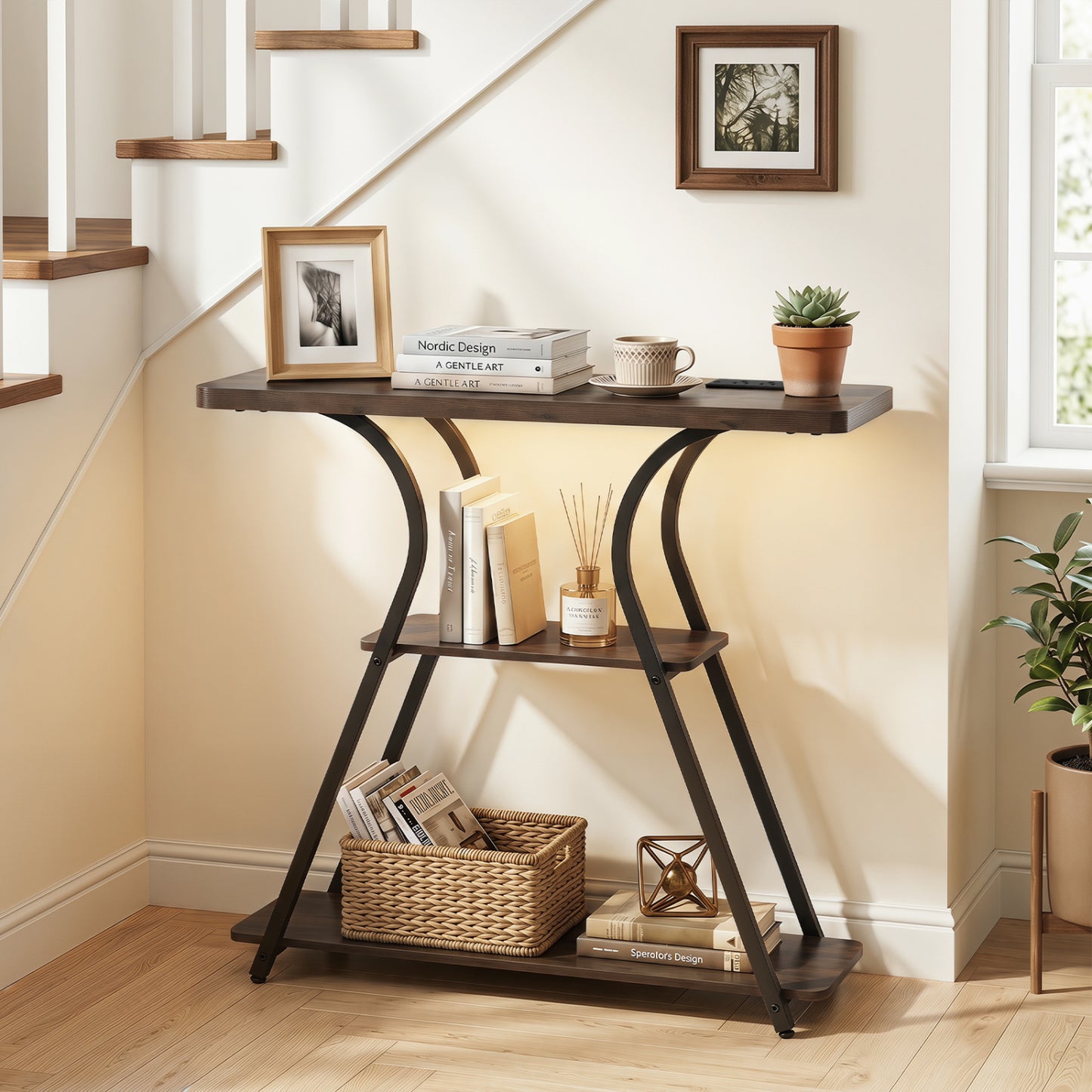 Brown 32-inch narrow entryway console table with built-in power outlets and LED lights, ideal for small hallway or foyer spaces.