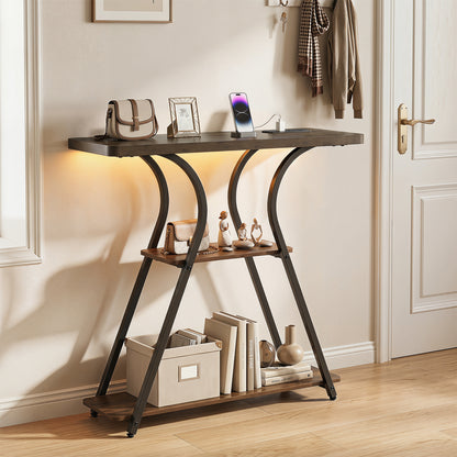 Brown 32-inch narrow entryway console table with built-in power outlets and LED lights, ideal for modern home entry spaces.