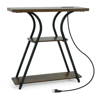 Brown 32-inch narrow entryway console table with built-in power outlets and LED lights, ideal for hallway decor.