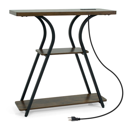 Brown 32-inch narrow entryway console table with built-in power outlets and LED lights, ideal for hallway decor.