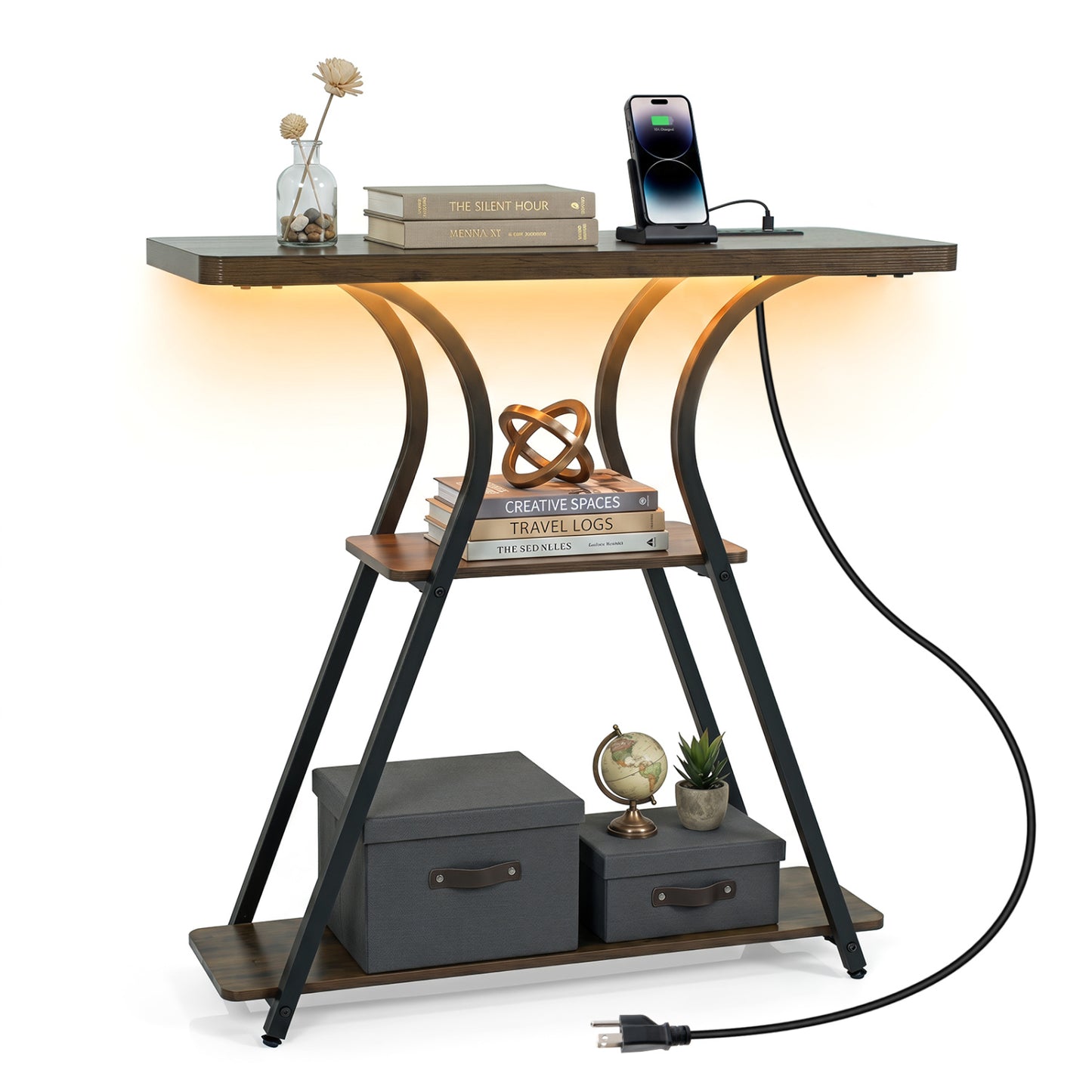 Brown 32-inch narrow entryway console table with built-in power outlets and LED lights, perfect for hallway or foyer decor.