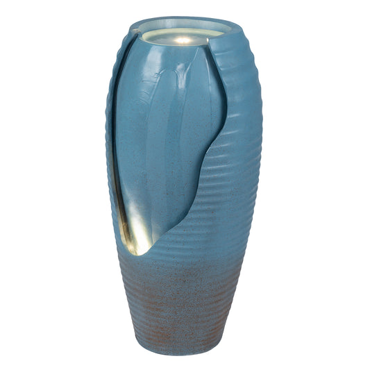 Tall 32-inch ceramic-look jar water fountain with LED lights and pump, outdoor decor for garden or patio.