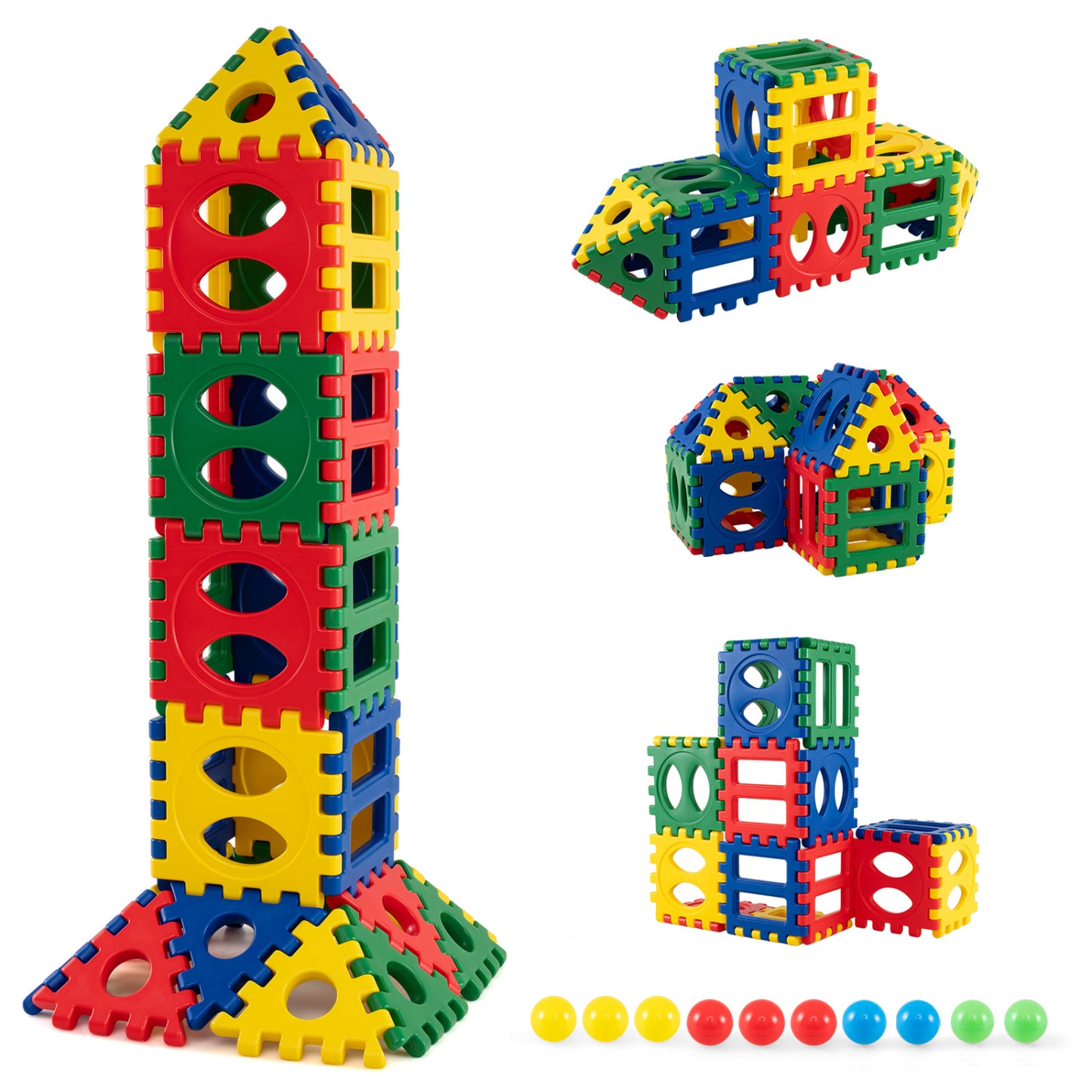 32-Piece Oversized Waffle Block Set with 10 Ocean Balls Easy-to-Use Grid Building Toys