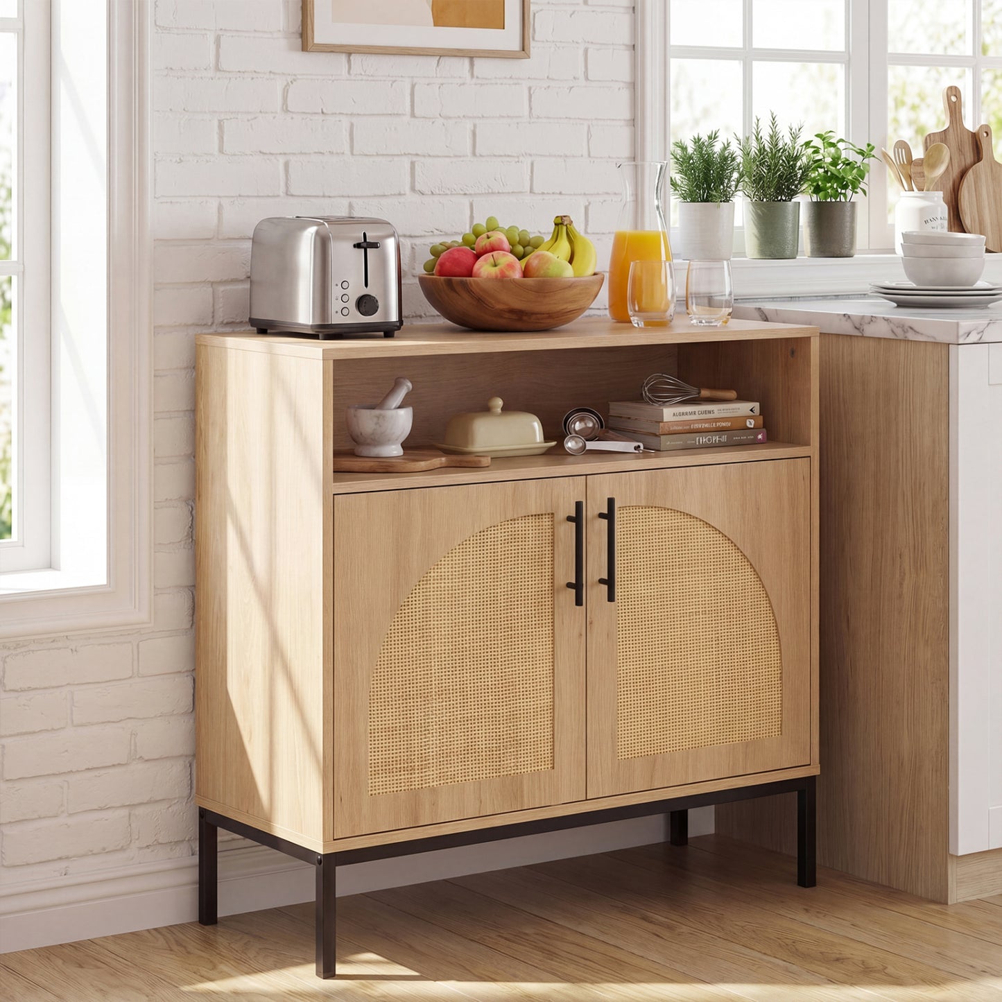 32" Sideboard Buffet Cabinet with 2 Natural Rattan Decorated Doors and Adjustable Shelf-Natural