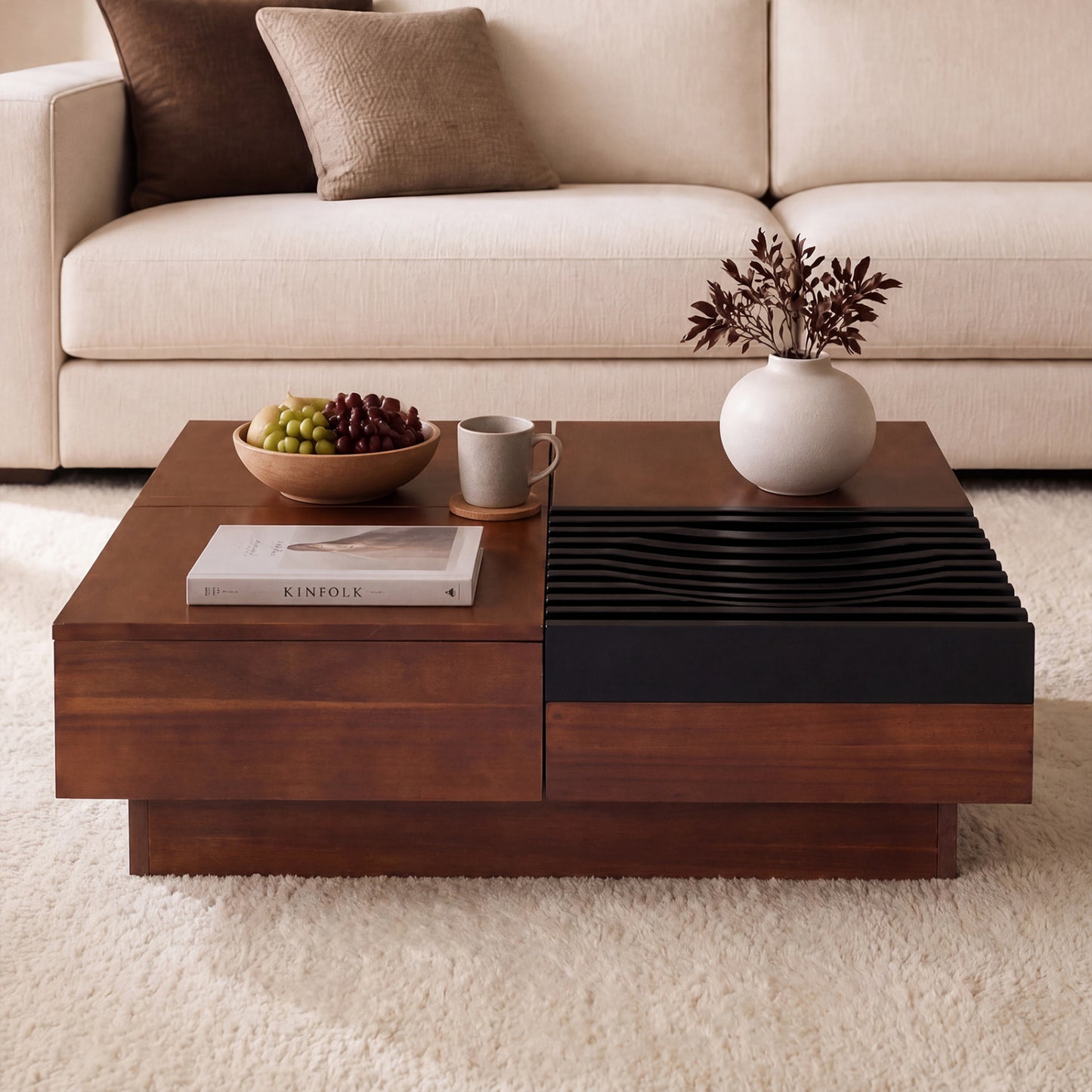 32" Square Color-blocking Design Coffee Table with Storage Tray for Living Room-Walnut