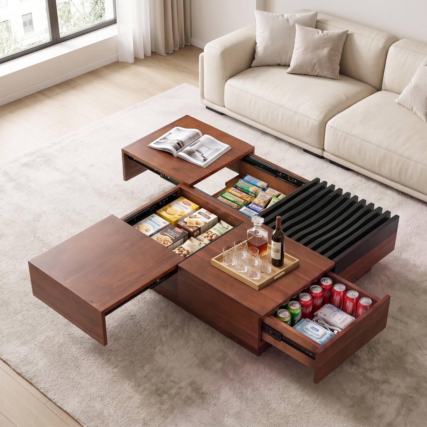 32" Square Color-blocking Design Coffee Table with Storage Tray for Living Room-Walnut