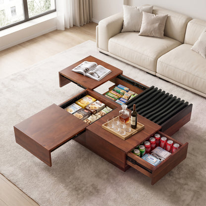 32" Square Color-blocking Design Coffee Table with Storage Tray for Living Room-Walnut