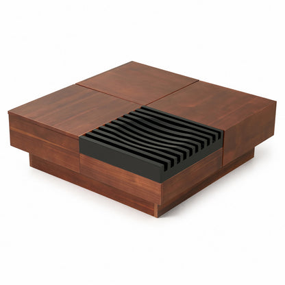 32" Square Color-blocking Design Coffee Table with Storage Tray for Living Room-Walnut