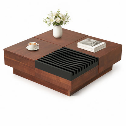 32" Square Color-blocking Design Coffee Table with Storage Tray for Living Room-Walnut