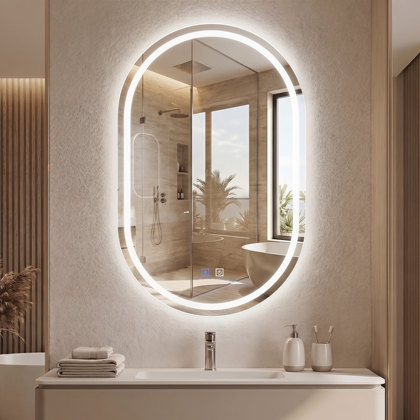 32x20" Oval LED Bathroom Mirror with Front & Backlight 3 Colors Stepless Dimming-Silver