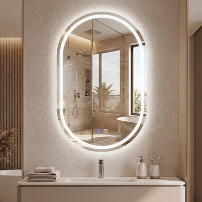 32x20" Oval LED Bathroom Mirror with Front & Backlight 3 Colors Stepless Dimming-Silver