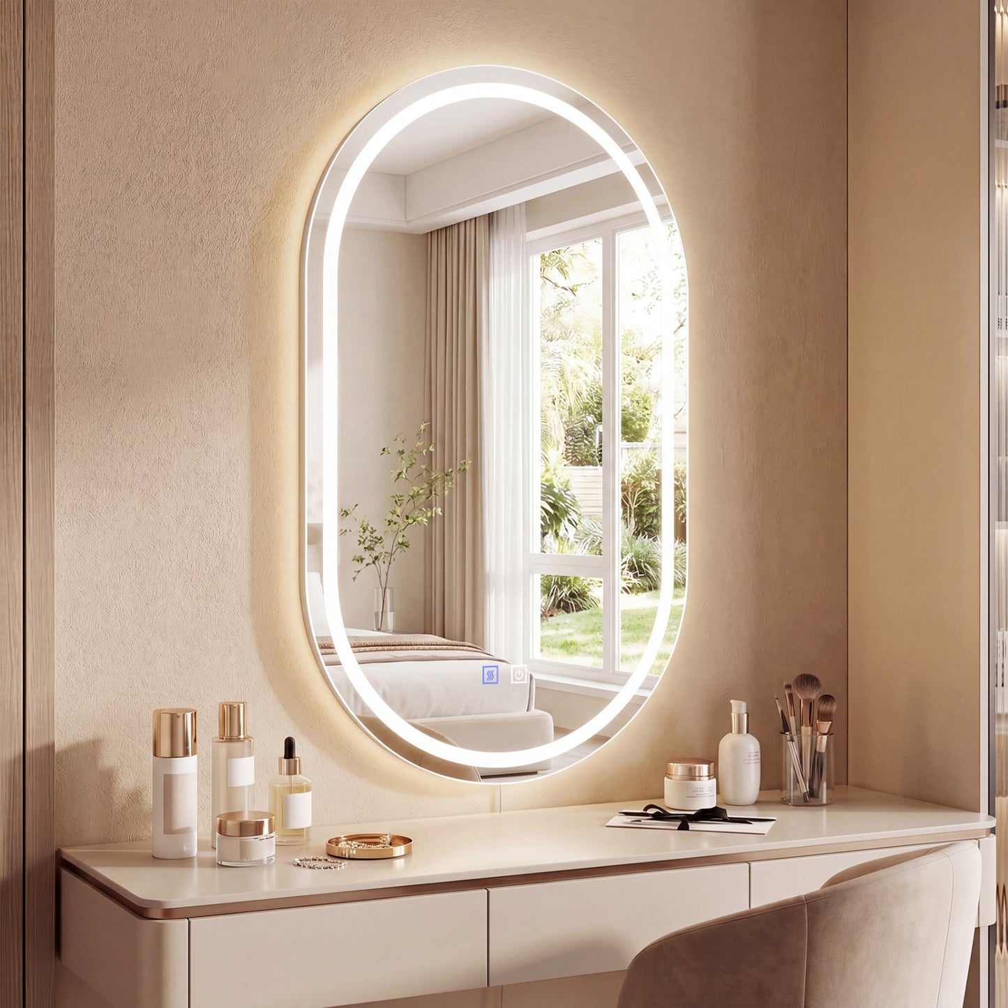 32x20" Oval LED Bathroom Mirror with Front & Backlight 3 Colors Stepless Dimming-Silver