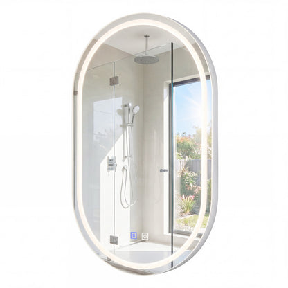 32x20" Oval LED Bathroom Mirror with Front & Backlight 3 Colors Stepless Dimming-Silver