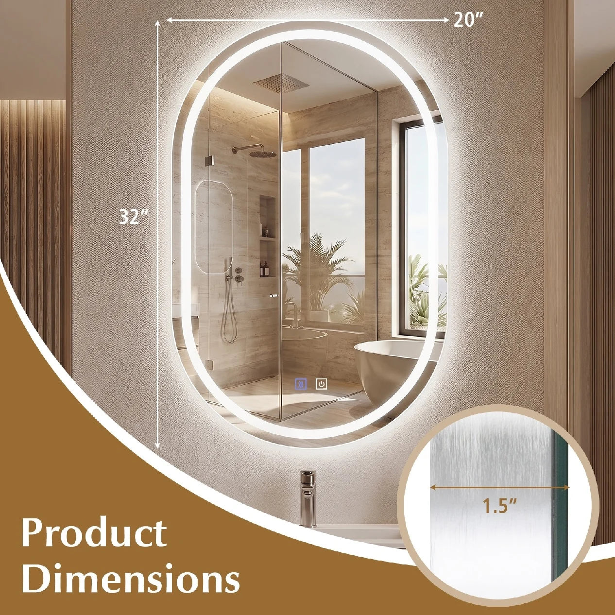 32x20" Oval LED Bathroom Mirror with Front & Backlight 3 Colors Stepless Dimming-Silver