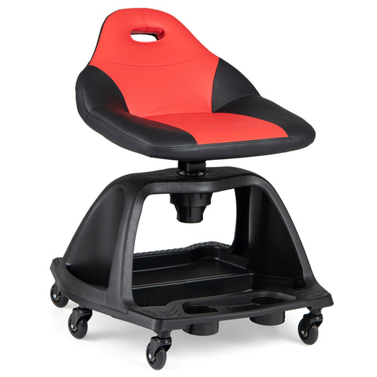 Red garage mechanic stool with backrest, 330 lbs capacity, 6 wheels, and tool tray storage for outdoor garage use.