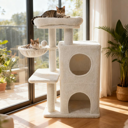 33.5 Inch Cute Kitten Tower with 2-Tier Condo and Padded Top Perch-Beige