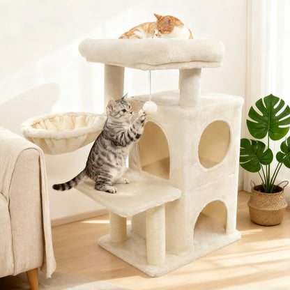 33.5 Inch Cute Kitten Tower with 2-Tier Condo and Padded Top Perch-Beige