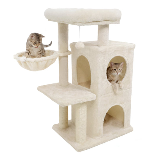 33.5 Inch Cute Kitten Tower with 2-Tier Condo and Padded Top Perch-Beige