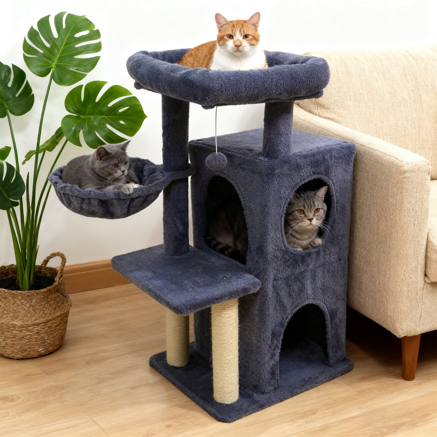 33.5 Inch Cute Kitten Tower with 2-Tier Condo and Padded Top Perch-Beige
