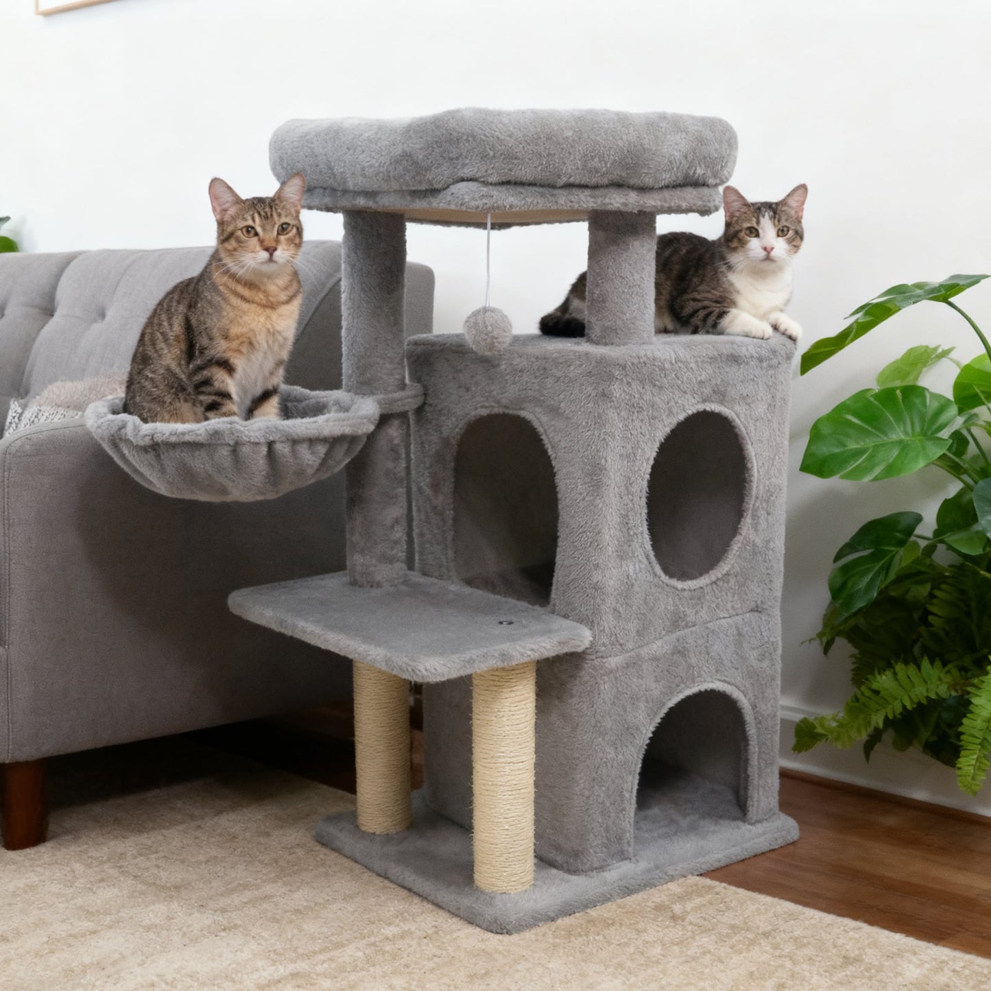33.5 Inch Cute Kitten Tower with 2-Tier Condo and Padded Top Perch-Beige