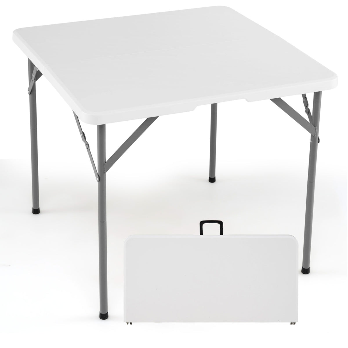 Black 34-inch foldable square card table with carrying handle, ideal for outdoor patio and picnic use.