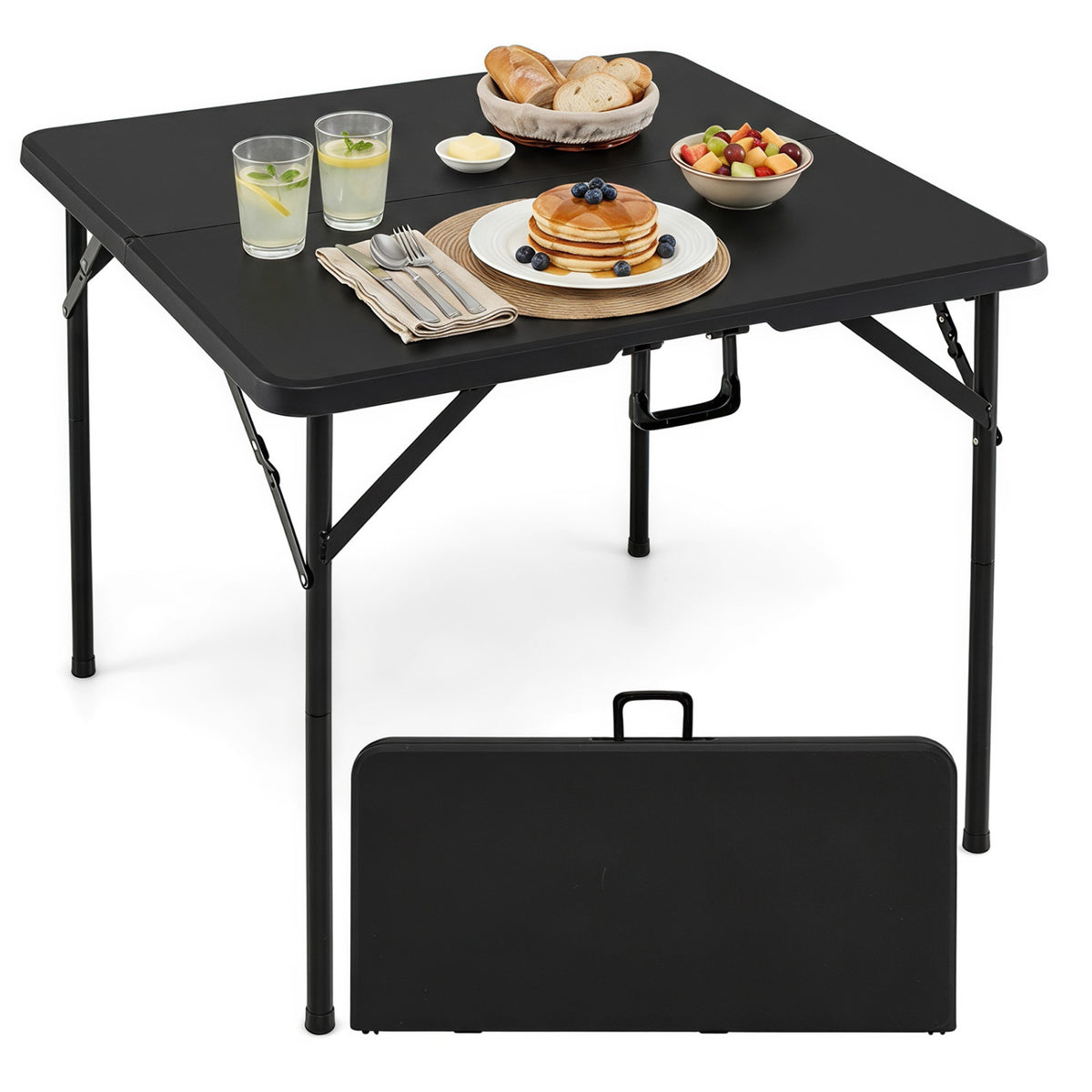 Black 34-inch square foldable card table with carrying handle, outdoor patio table for picnics and outdoor gatherings.