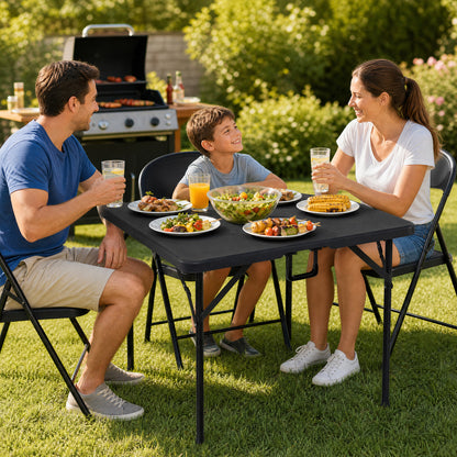 Black 34-inch square foldable card table with carrying handle, outdoor patio table for picnics and outdoor gatherings.