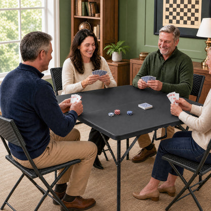 Black 34-inch square foldable card table with carrying handle, ideal for outdoor patio and picnic use.