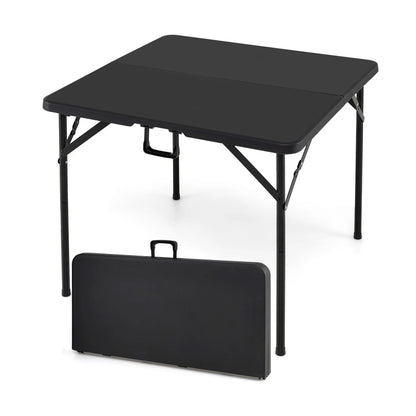 Black 34-inch square foldable card table with carrying handle, outdoor patio table for picnics and outdoor gatherings.