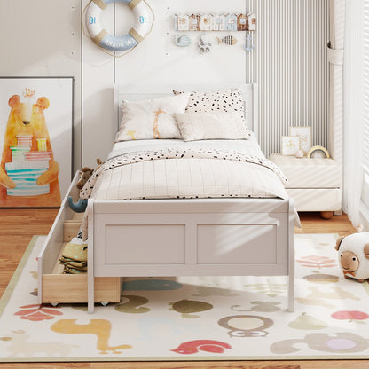 Twin Size Sleigh Bed with 2 Storage Drawers Wood Platform Bed Frame-Natural