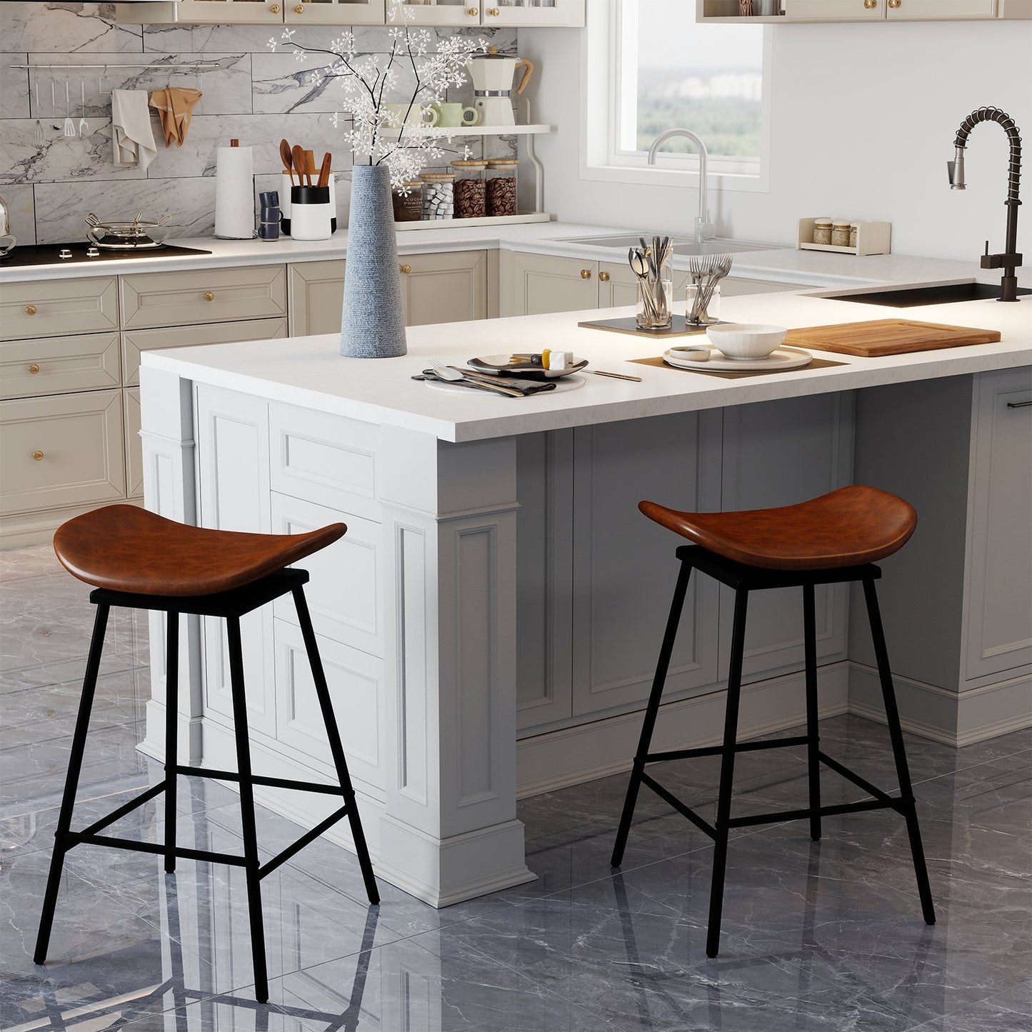 Set of 2 Swivel Barstools Faux Leather Upholstered Backless with Footrest-Black