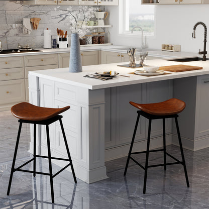 Set of 2 Swivel Barstools Faux Leather Upholstered Backless with Footrest-Black