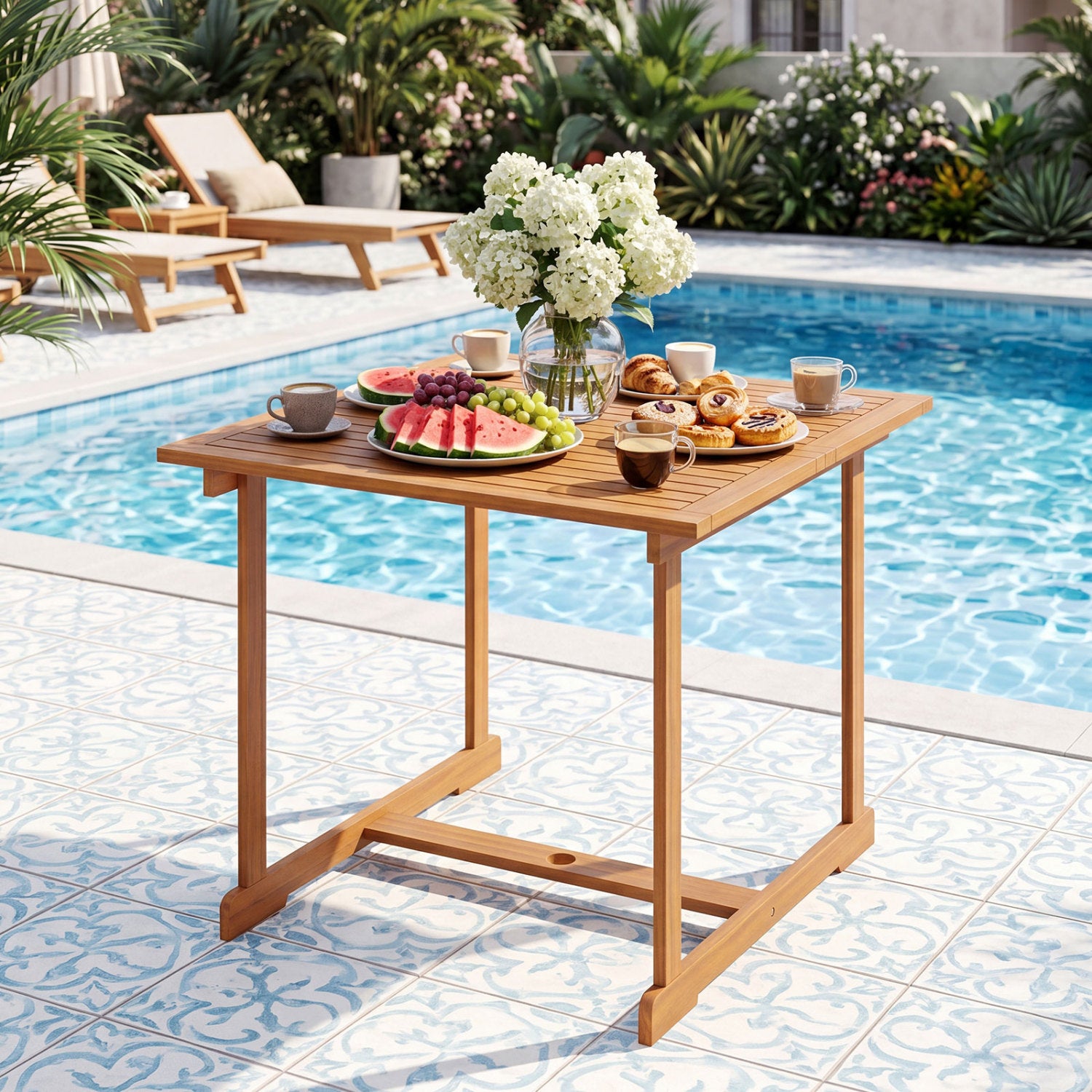 35.5-inch acacia wood outdoor dining table with umbrella hole and reinforced crossbar for patio dining, by Wilsons Home Store
