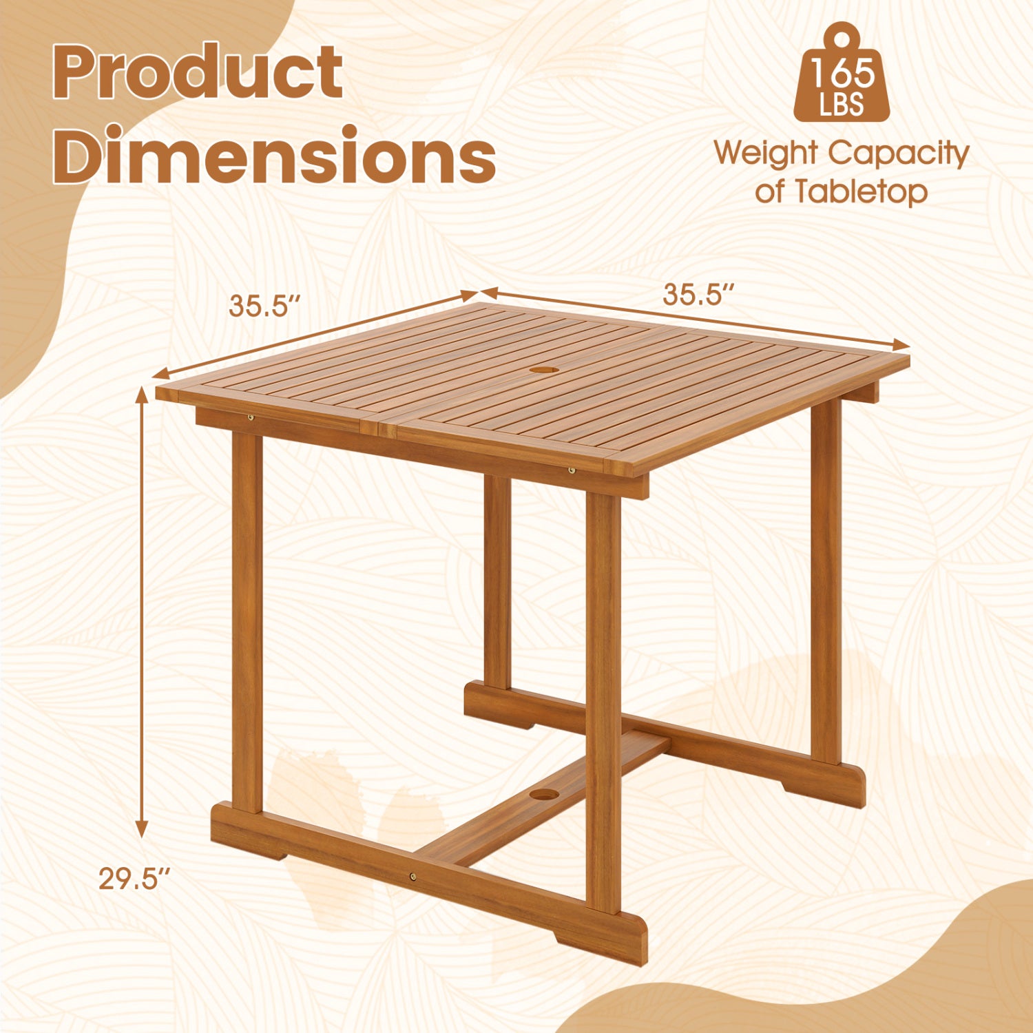 35.5-inch acacia wood outdoor dining table with umbrella hole and reinforced crossbar, ideal for patio seating for four.