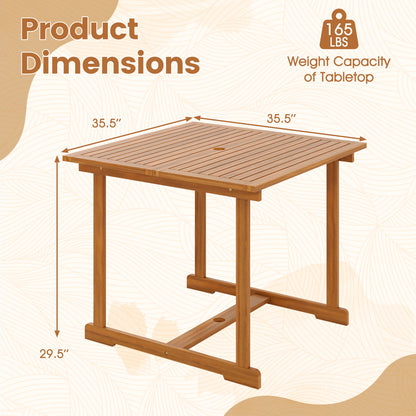 35.5-inch acacia wood outdoor dining table with umbrella hole and reinforced crossbar, ideal for patio seating for four.