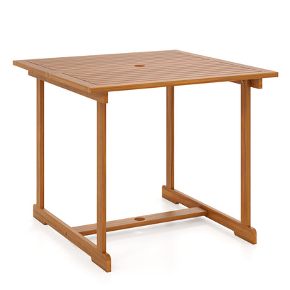 35.5-inch acacia wood outdoor dining table with umbrella hole and reinforced crossbar for four chairs, perfect for patio use.