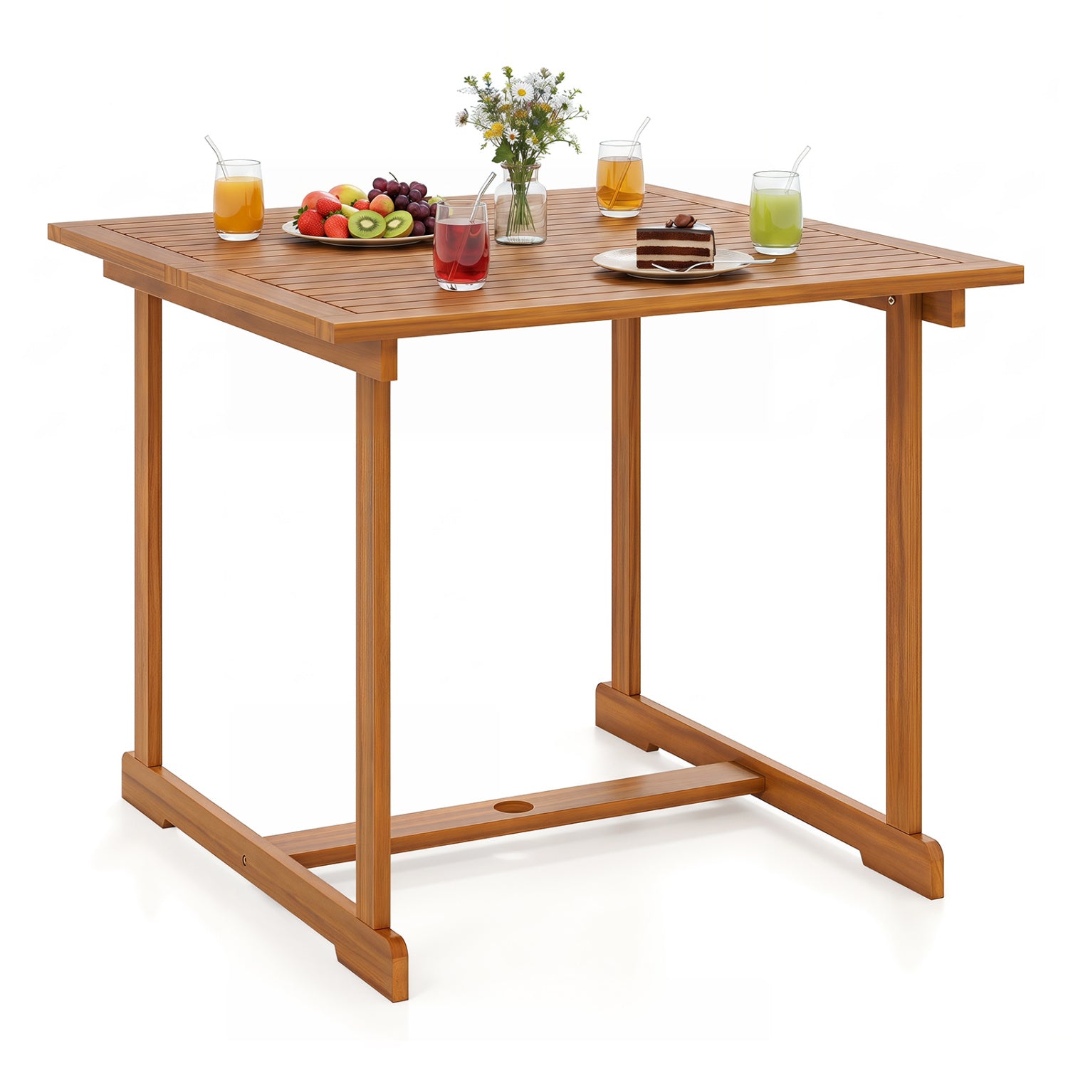 35.5-inch acacia wood outdoor dining table with umbrella hole and reinforced crossbar, suitable for four people.